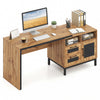 Natural 71-inch computer table featuring open compartments, drawers, and a farmhouse design, perfect for home or office.