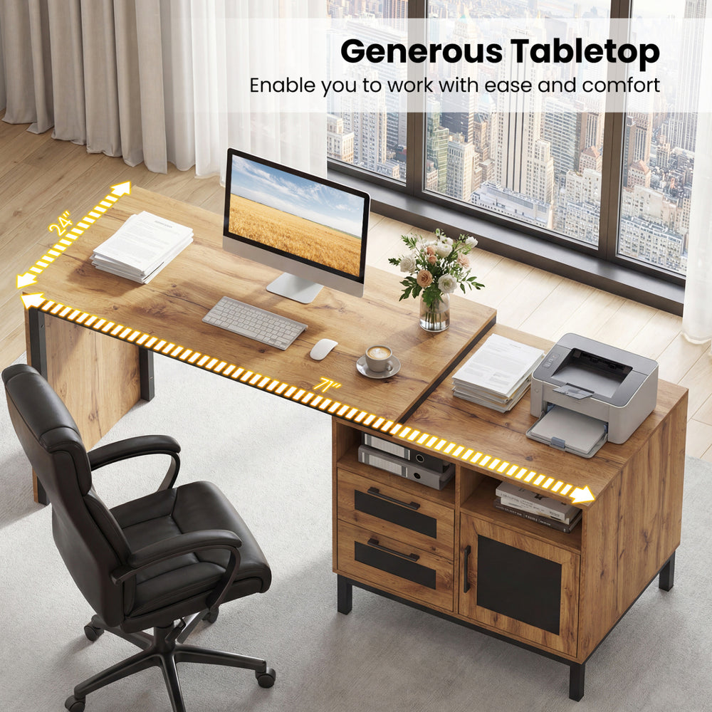 71-inch computer table with natural finish, featuring open compartments, drawers, and ample leg space for comfortable.