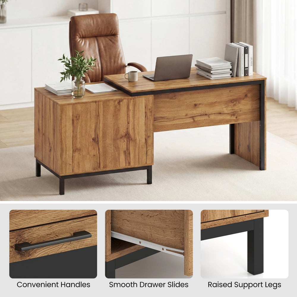 Natural 71-inch computer table featuring open compartments, two drawers, and raised support legs for home or office use.