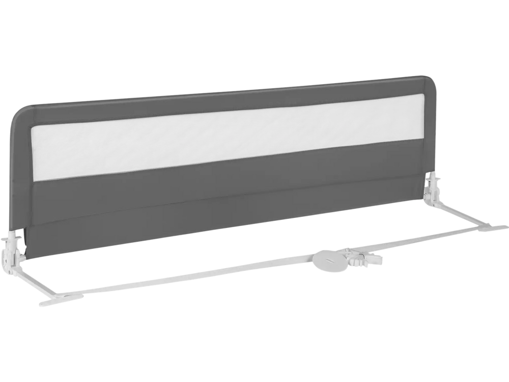 Extra long gray bed guardrail with foldable design and breathable mesh for toddler safety, suitable for all bed sizes.