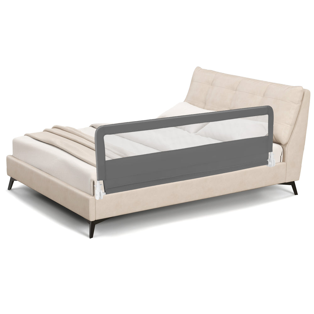 Gray 71-inch extra long bed guardrail with heavy-duty steel frame, ensuring stability and safety for toddlers in bed.