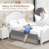 Extra long gray bed guardrail shown in a folded position for easy access, designed for toddlers transitioning to a bed.