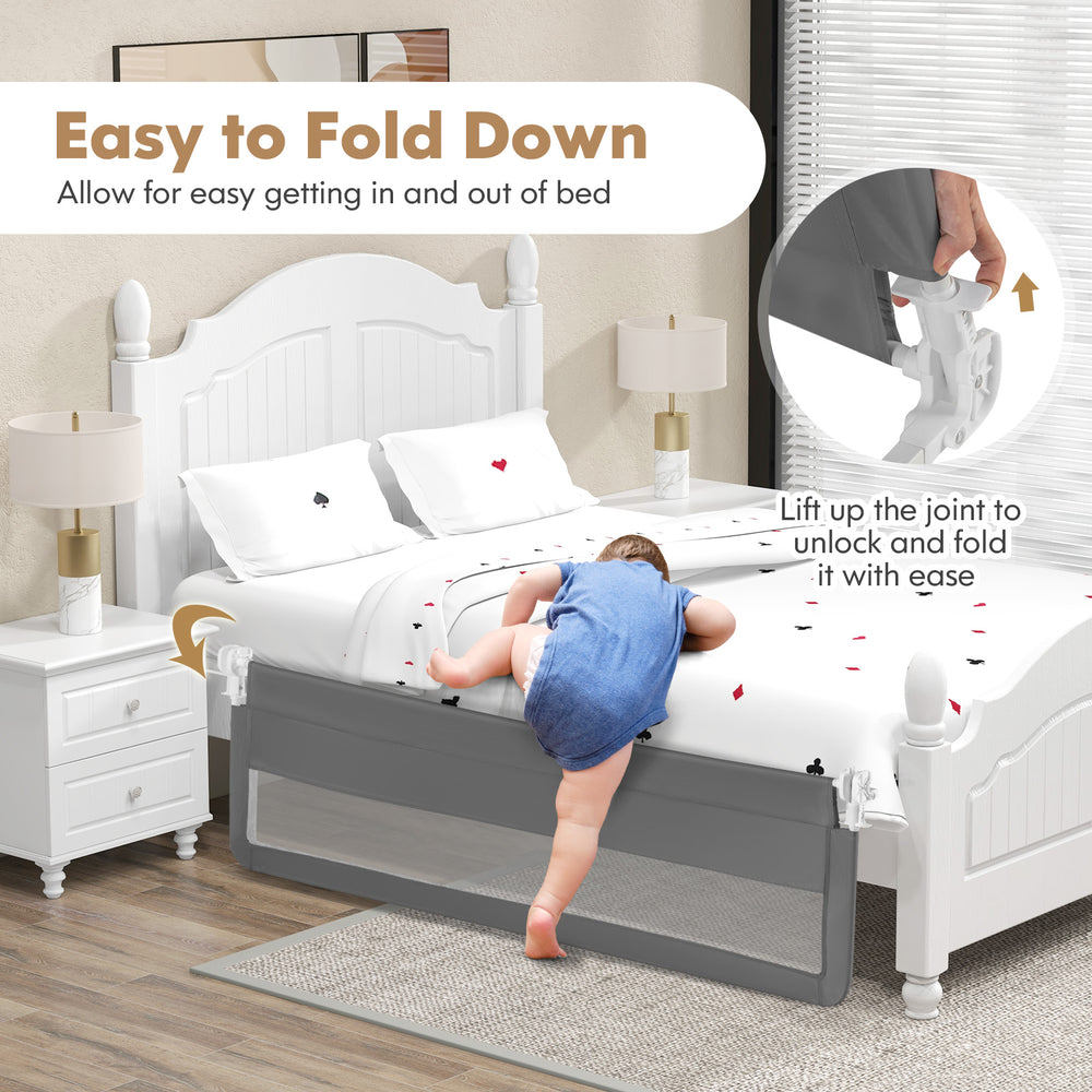 Extra long gray bed guardrail shown in a folded position for easy access, designed for toddlers transitioning to a bed.