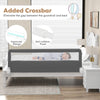 Extra long gray bed guardrail with safety straps, foldable design, breathable mesh for toddler bed protection.