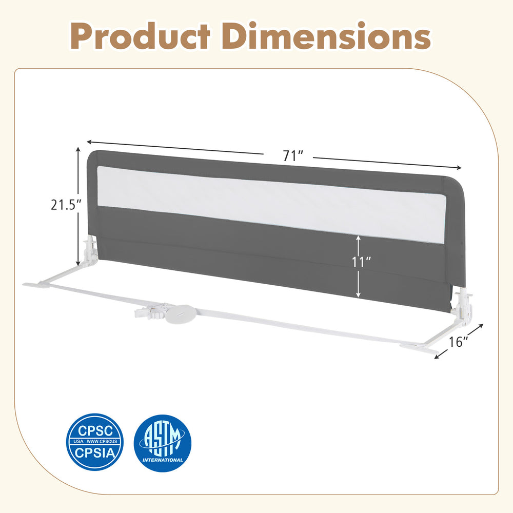 Extra long gray bed guardrail measuring 71 inches, designed for toddler safety with breathable mesh and adjustable.