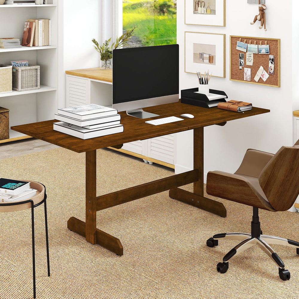 Walnut farmhouse dining table for 6-8, featuring rubber wood legs and a smooth, easy-to-maintain surface.