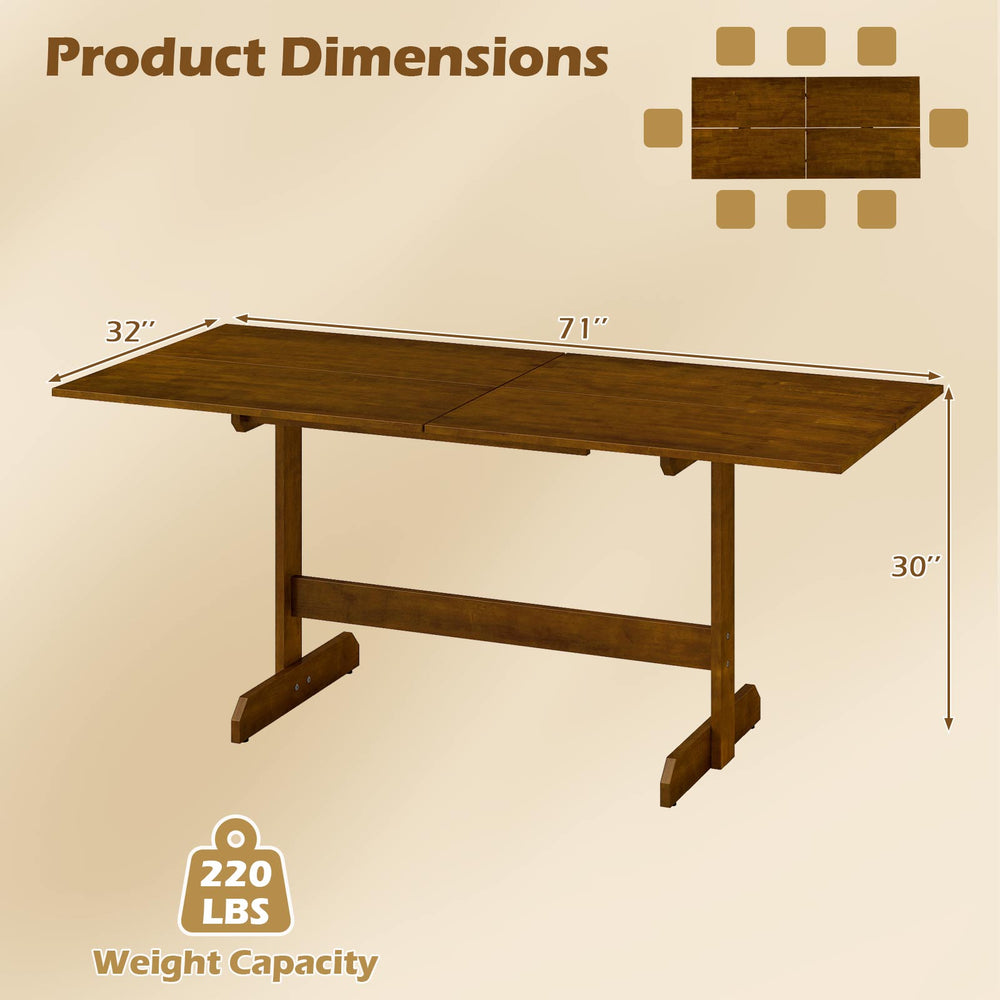 71-inch farmhouse dining table with rubber wood legs, seats 6-8, featuring a walnut finish and sturdy design for dining.
