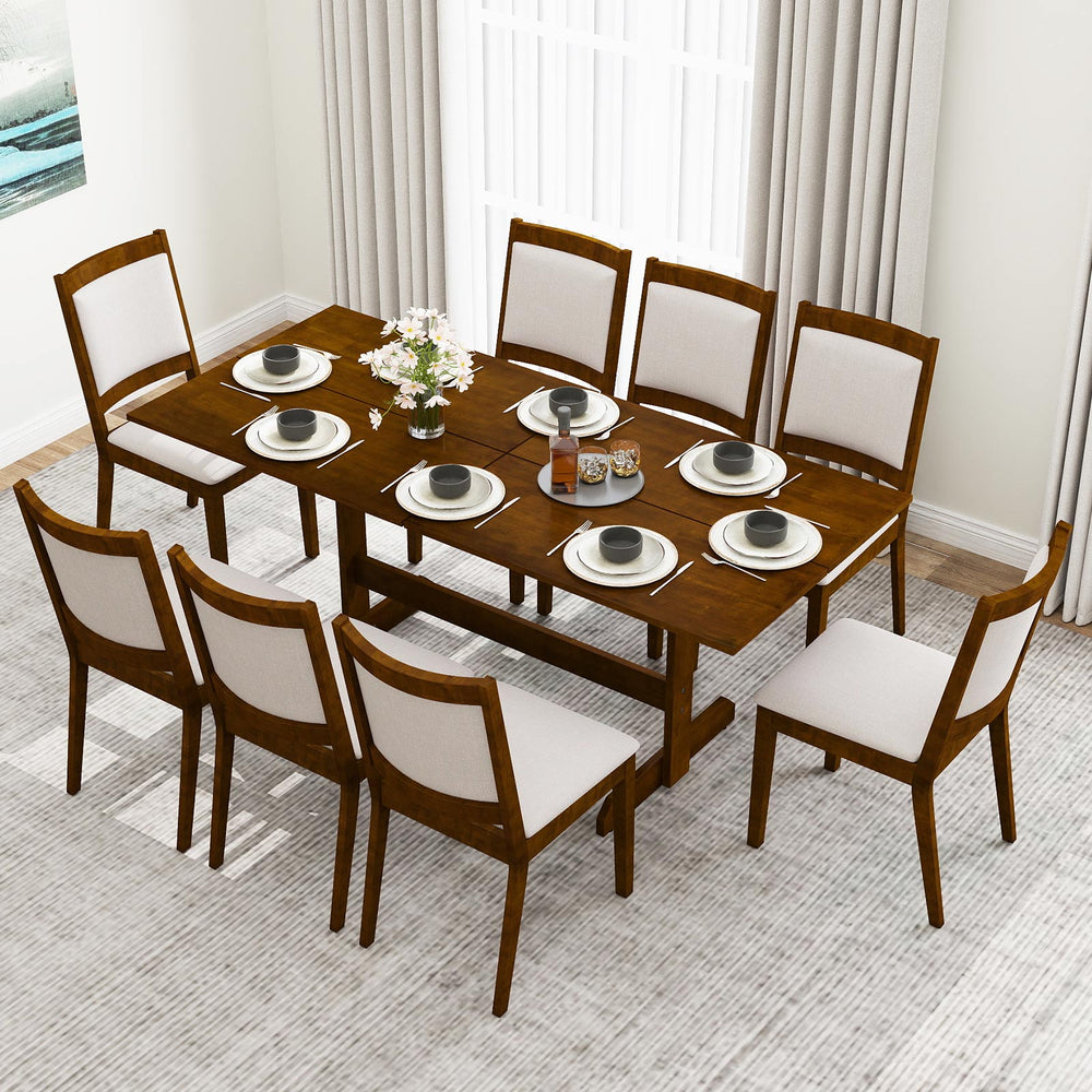 Farmhouse dining table for 6-8 with walnut finish, rubber wood legs, and a spacious surface for family gatherings.