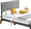 Foldable baby bed guard rail in white with adjustable strap, providing safety and stability for toddlers near a bed.