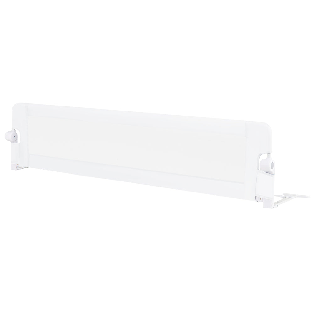 Foldable 71-inch baby bed guard rail in white with adjustable safety strap and soft padding for toddler safety.