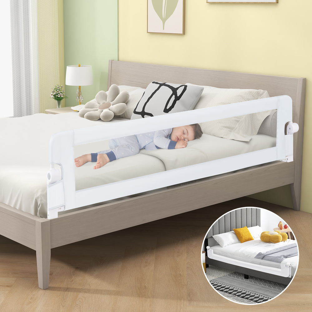 Foldable 71-inch baby bed guard rail in white with adjustable safety strap, designed for toddler safety and easy access.