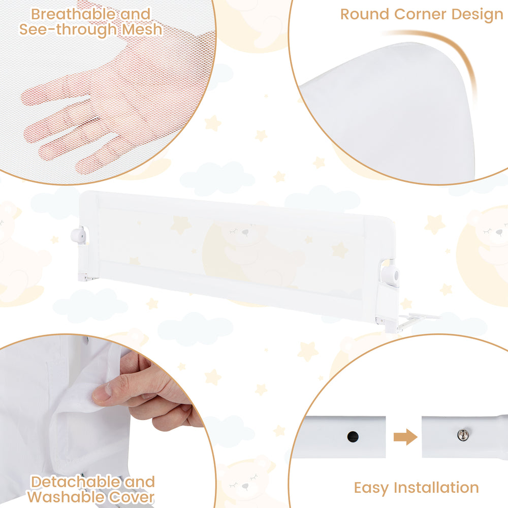 Foldable bed rail in white with breathable mesh, adjustable strap, and removable cover for toddler safety and easy.
