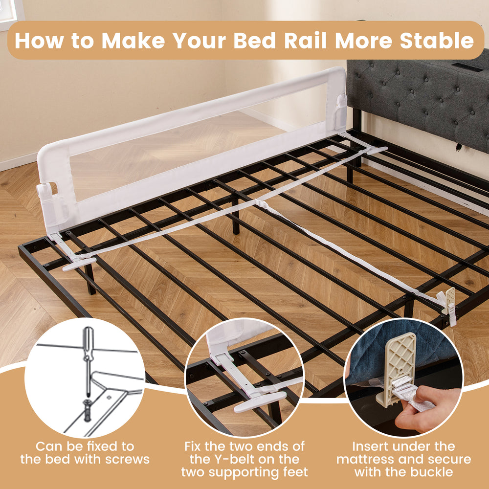 Foldable 71-inch bed rail in white with adjustable safety strap, designed for toddler safety and easy access.