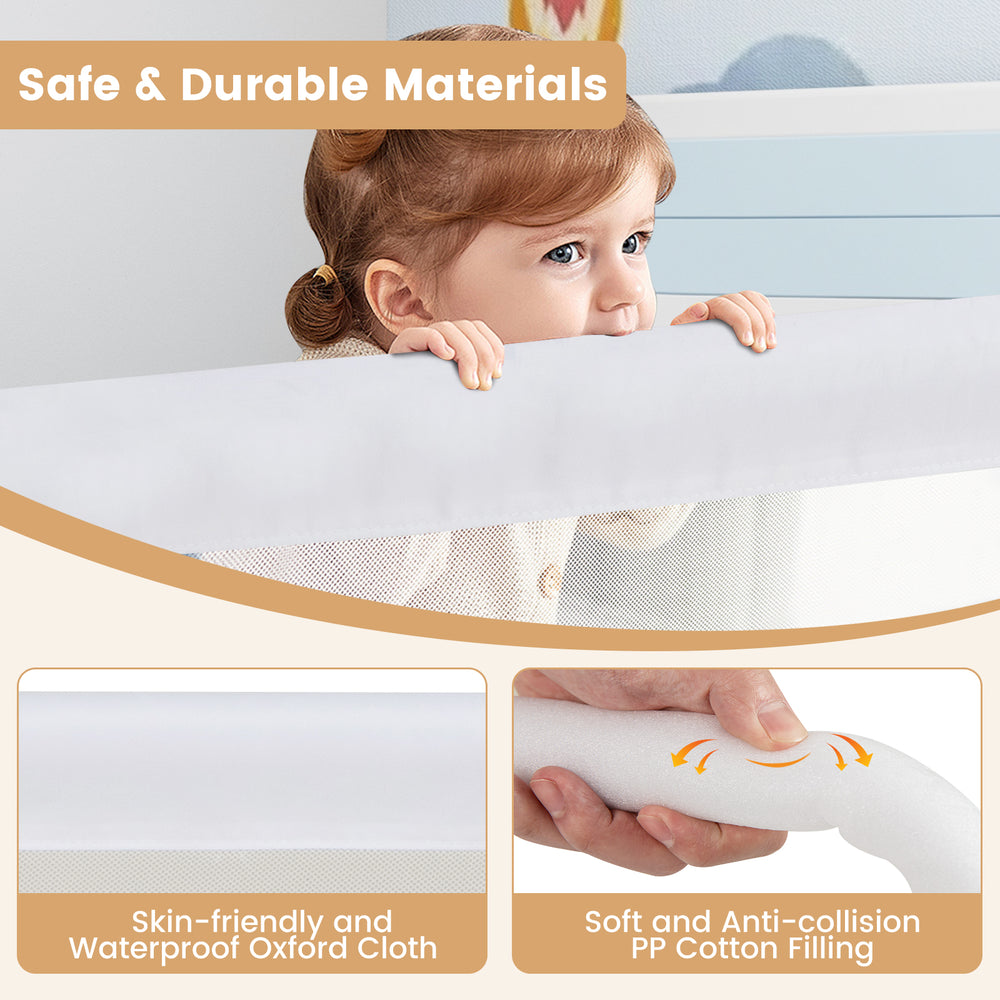 Foldable 71-inch baby bed guard rail in white with soft PP cotton padding and adjustable safety strap for toddler.