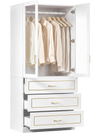 Freestanding 71-inch white wooden clothing storage cabinet with drawers and double doors for organized garment display.