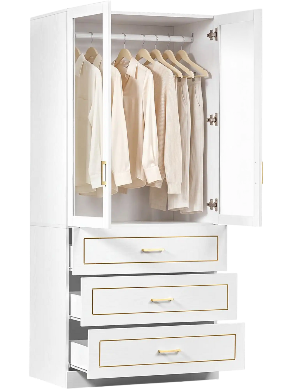 Freestanding 71-inch white wooden clothing storage cabinet with drawers and double doors for organized garment display.