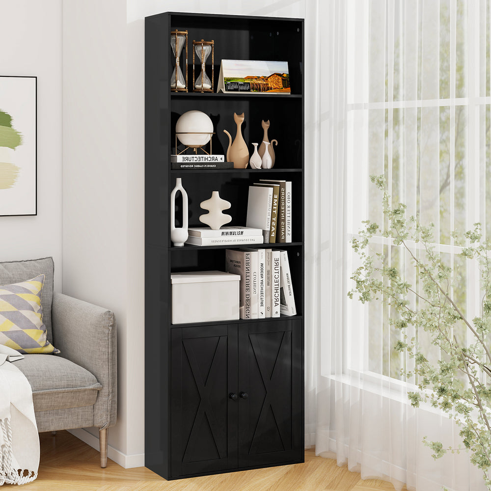 Freestanding black bookshelf with 6 shelves and 2-door cabinet, featuring a modern design for versatile decor.