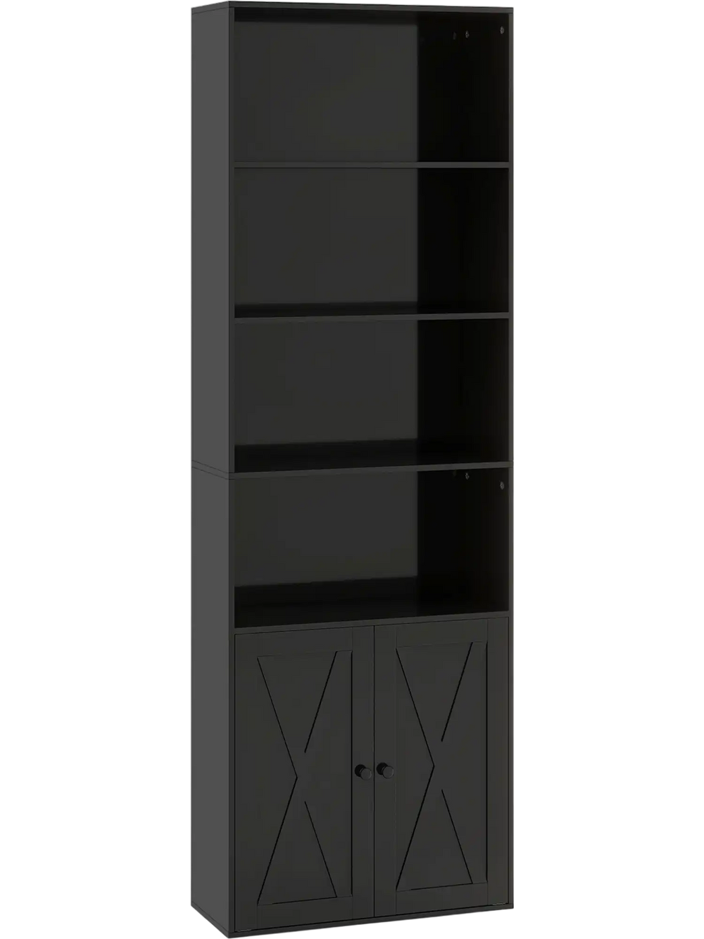 Freestanding black bookshelf with 6 shelves and 2-door cabinet, featuring a modern design for versatile decor styles.