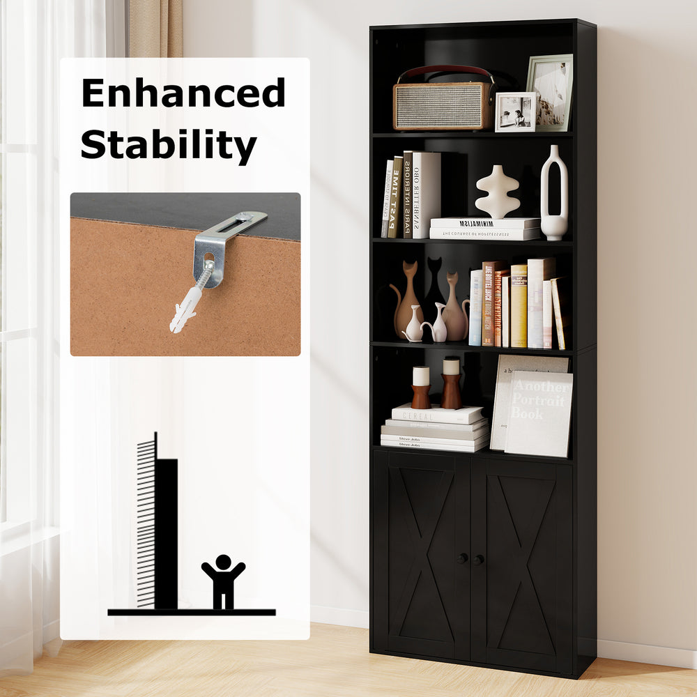 71-inch black freestanding bookshelf with 6 shelves, 2-door cabinet, and anti-tipping kit for enhanced stability.