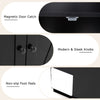 Close-up of the magnetic door catch and modern knobs on the 71-inch black freestanding bookshelf with 2-door cabinet.