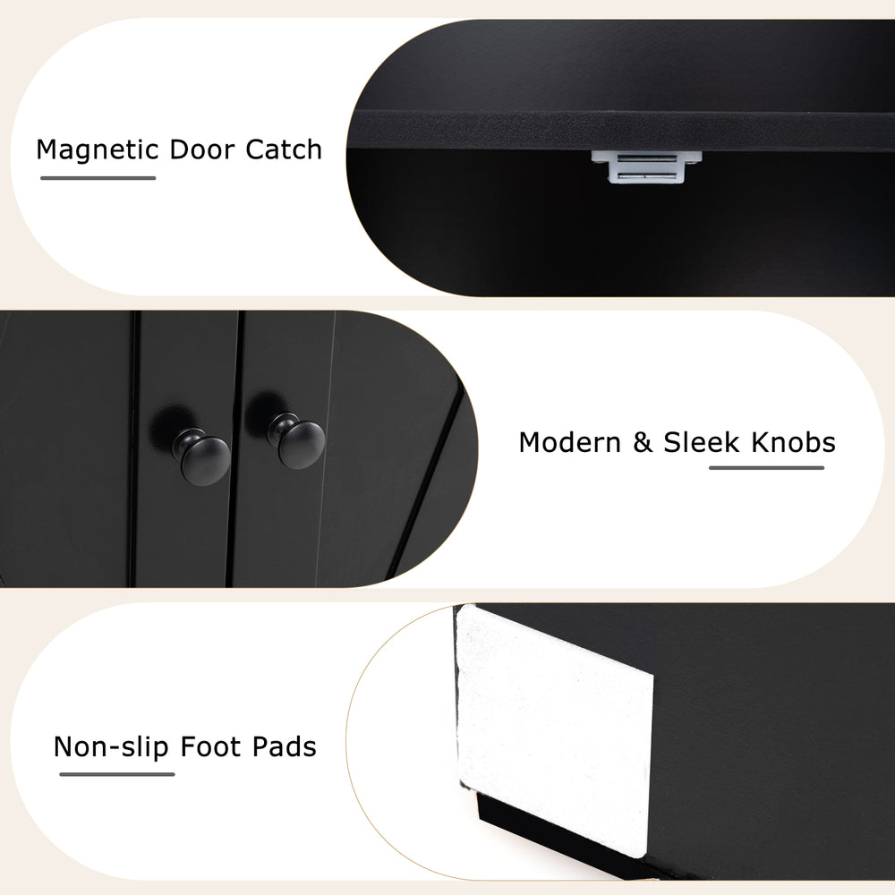 Close-up of the magnetic door catch and modern knobs on the 71-inch black freestanding bookshelf with 2-door cabinet.