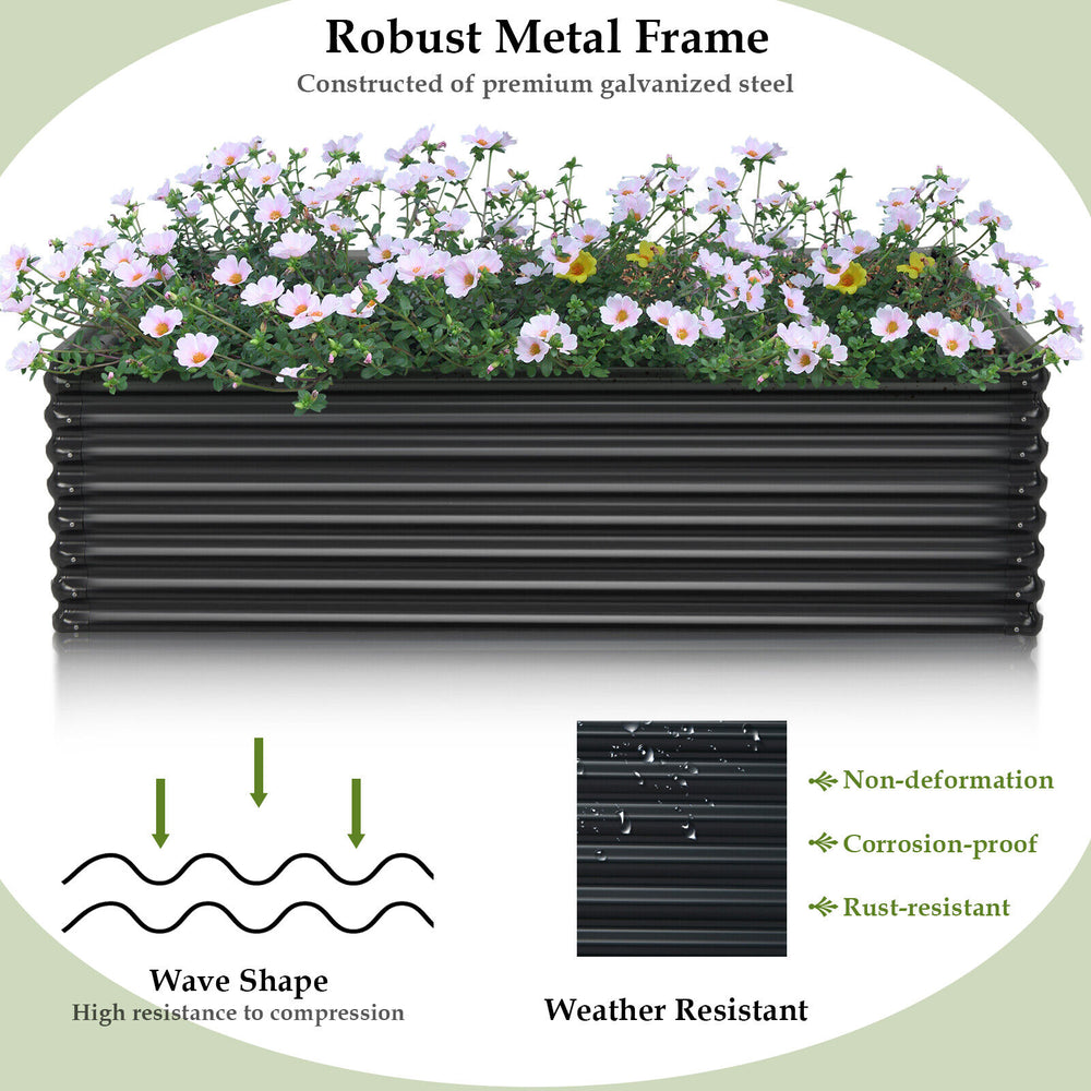 Dark gray 71-inch galvanized metal raised garden bed with wave-shaped surfaces, weather-resistant for outdoor gardening.