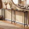 Narrow 71-inch rustic brown console table with power outlet, featuring a robust structure and space-saving design.