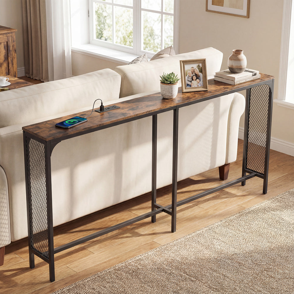 71 Inch Narrow Console Table with Power Outlet for Small Space-Rustic Brown - Gallery View 1 of 10