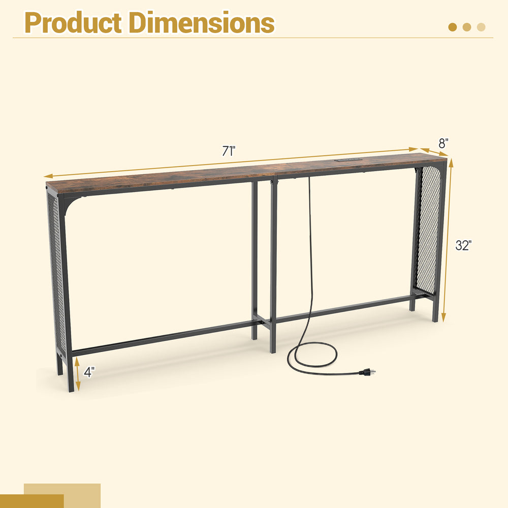 Narrow console table dimensions showing 71 inches long, 32 inches high, with integrated power outlets for small spaces.