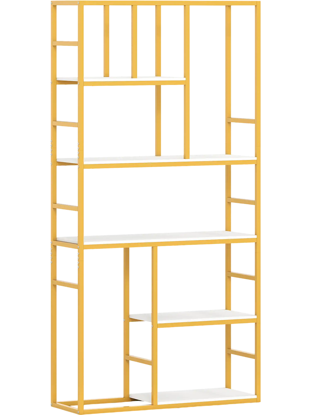 71-inch tall 5-tier bookshelf with a white and gold metal frame, ideal for modern living rooms and home offices.