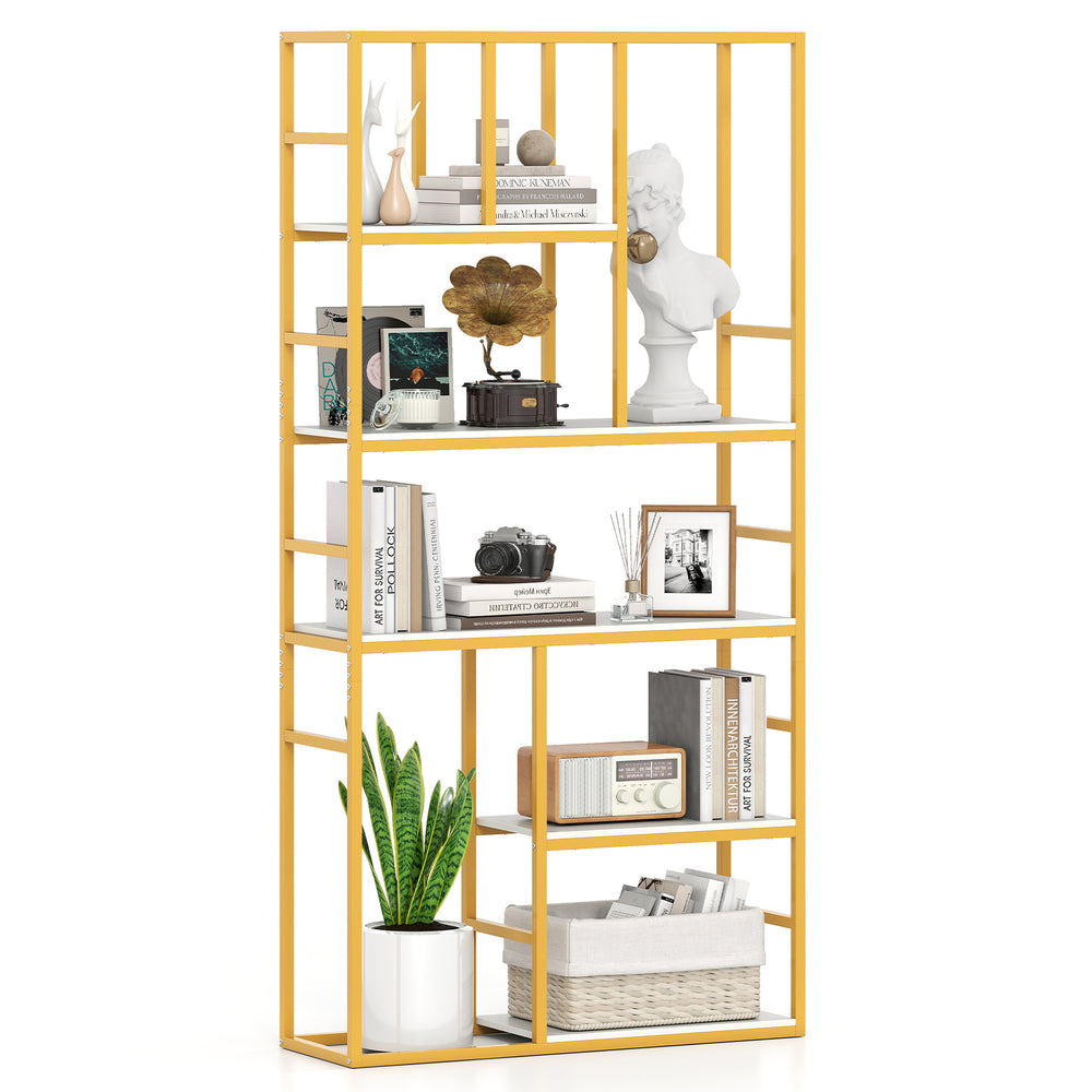 Five-tier geometric bookshelf with a white and gold metal frame, ideal for modern living room or home office storage.