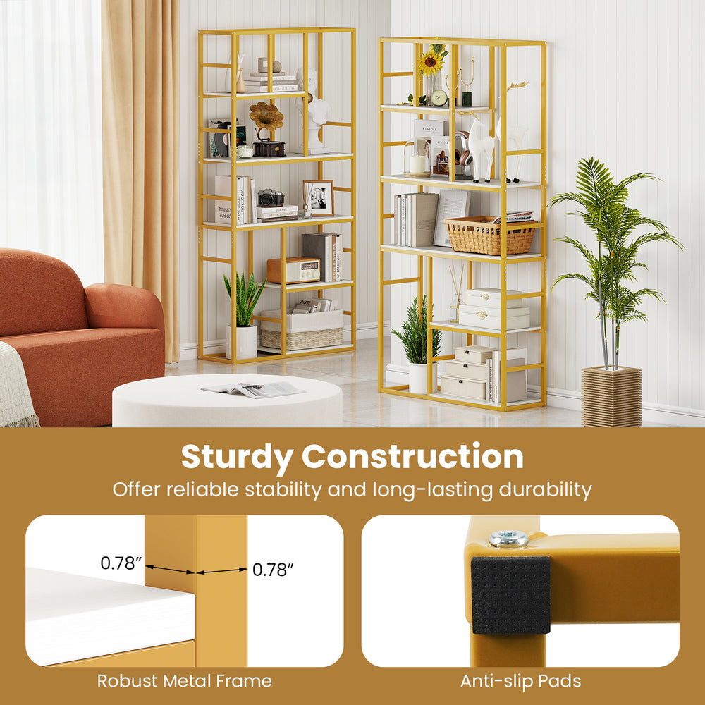 71-inch tall 5-tier bookshelf with a white and gold metal frame, featuring a staggered design for versatile storage.