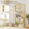 71-inch tall white and gold 5-tier bookshelf with metal frame and anti-toppling devices for secure storage in any room.