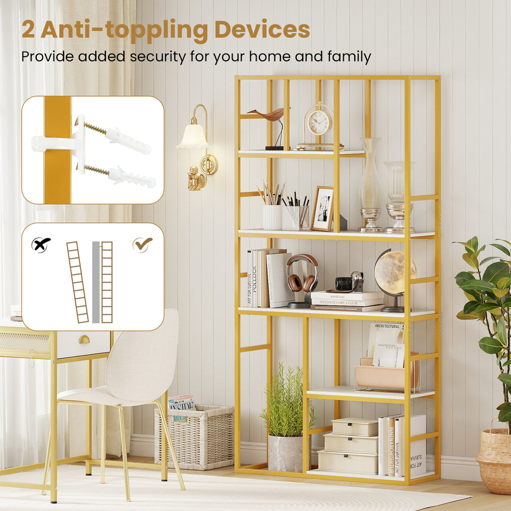 71-inch tall white and gold 5-tier bookshelf with metal frame and anti-toppling devices for secure storage in any room.