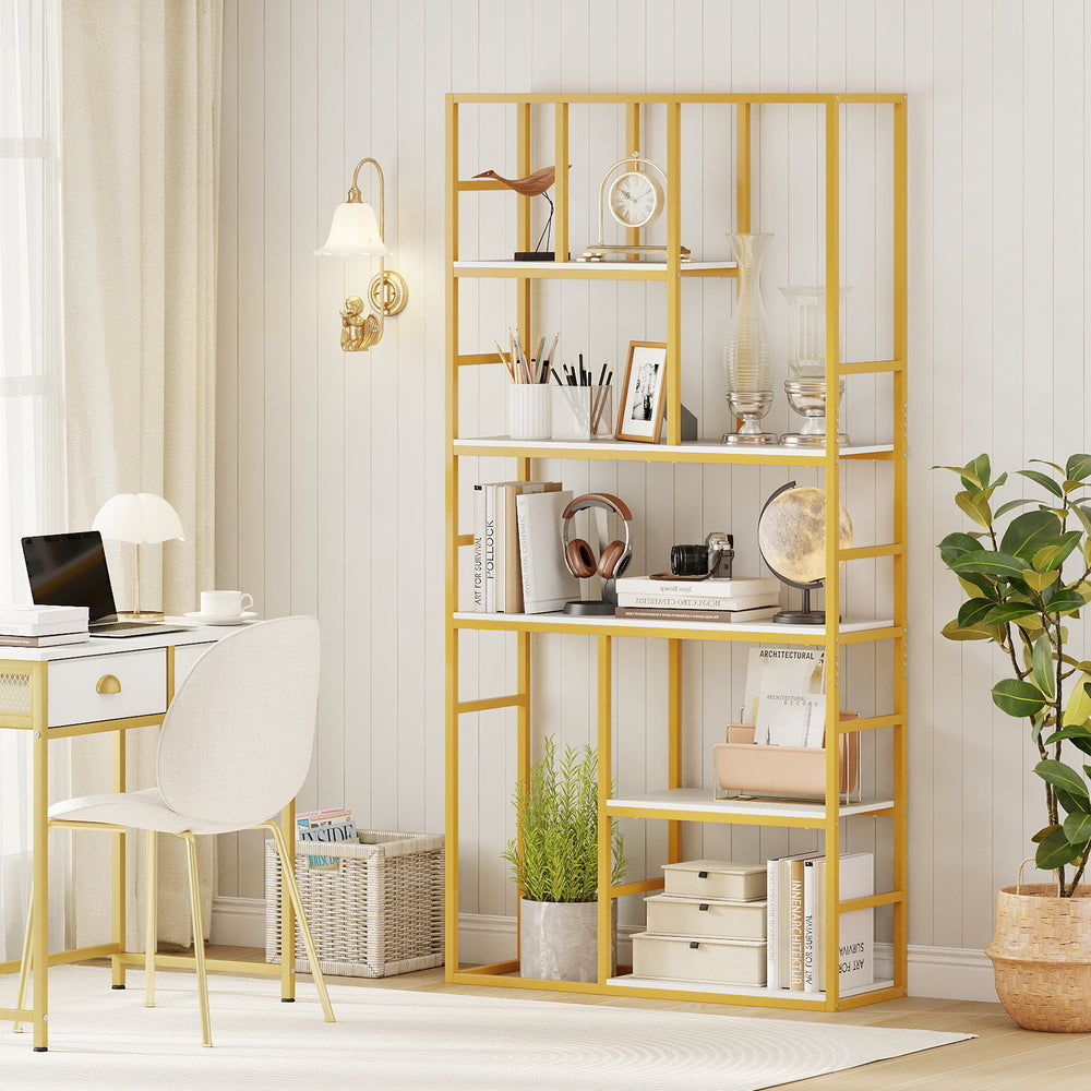 71-inch tall white and gold metal frame bookshelf with 5 tiers, ideal for modern living room or home office storage.
