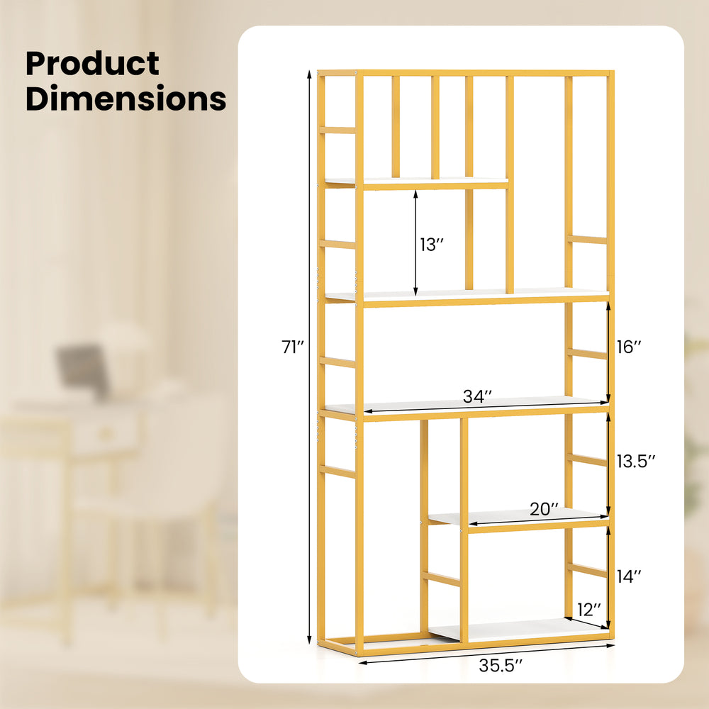 71-inch tall metal frame bookshelf with 5 tiers in white and gold, featuring a staggered design for versatile storage.