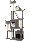 Multi-level 71-inch tall grey cat tree with condos, scratching posts, and cozy top perch for playful cats.