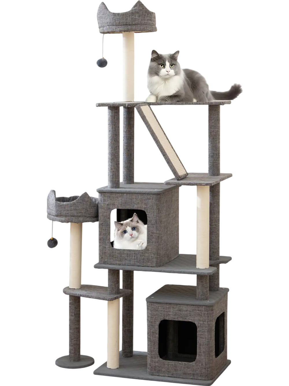 Multi-level 71-inch tall grey cat tree with condos, scratching posts, and cozy top perch for playful cats.