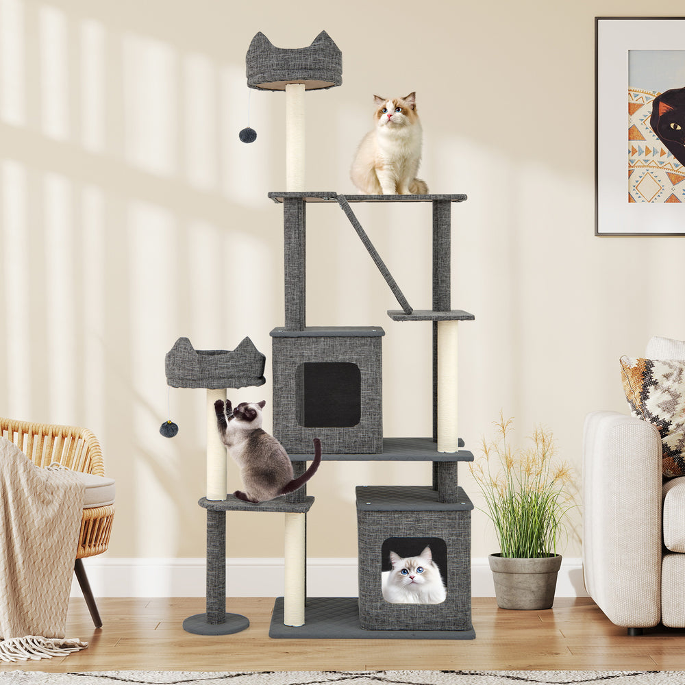 Multi-level 71-inch tall cat tree in grey with condos, scratching posts, and cozy perch for playful cats.