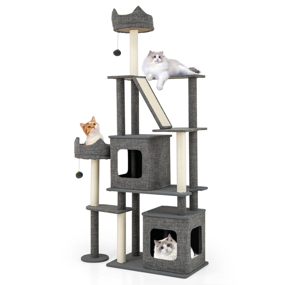 Multi-level 71-inch grey cat tree with condos, scratching posts, and cozy perch for playful cats.