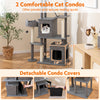 Multi-level 71-inch grey cat tree featuring two spacious condos, detachable covers, and scratching posts for playful.
