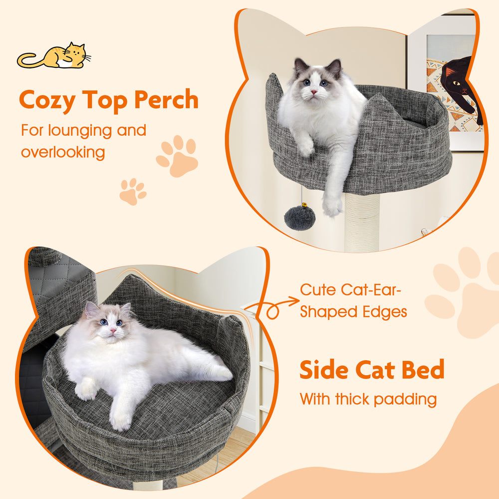 Cozy top perch and side cat bed with thick padding on a 71-inch tall grey cat tree for lounging and resting.