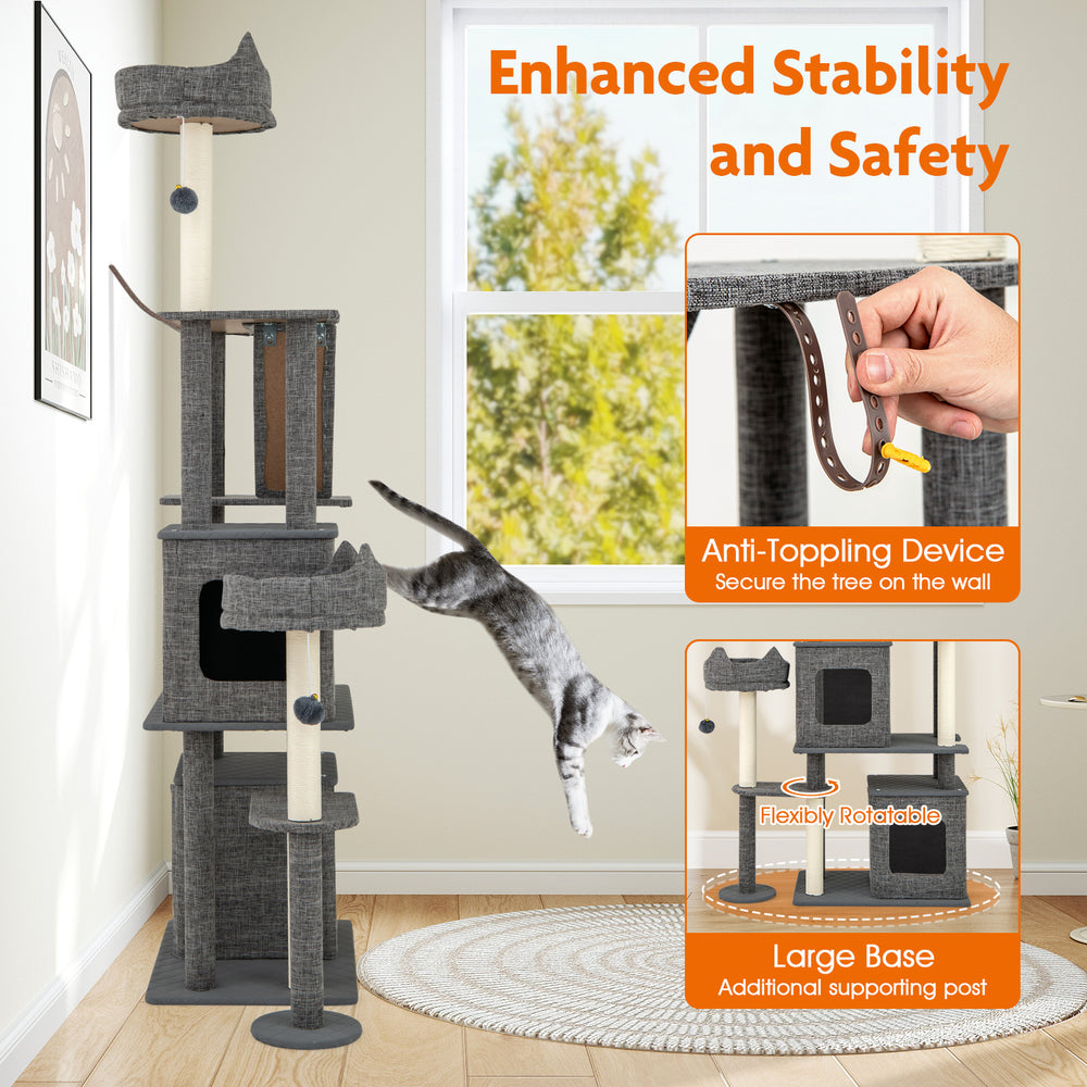 Multi-level 71-inch tall cat tree in grey with spacious condos, scratching posts, and anti-toppling device for safety.