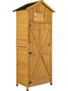 71-inch tall garden tool storage cabinet in natural fir wood with lockable doors and foldable table for outdoor use.