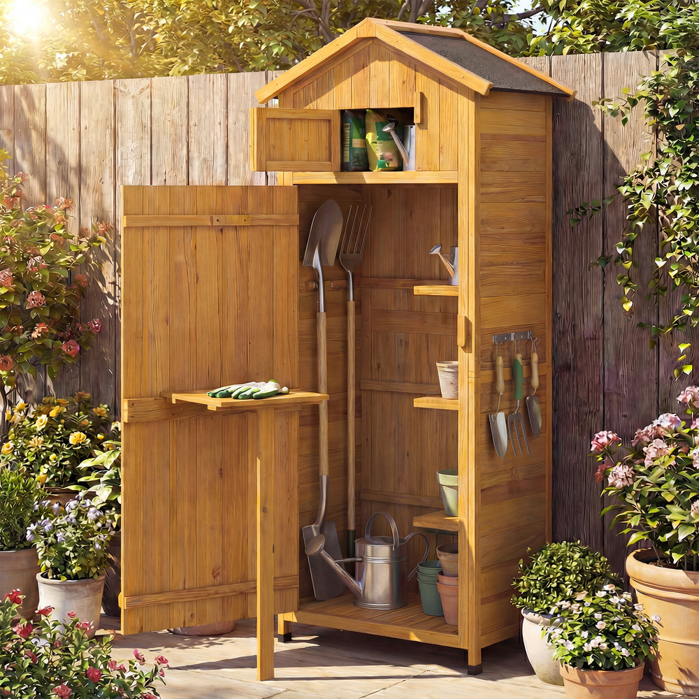 Garden tool storage cabinet with lockable doors, foldable table, and bamboo hooks, made of durable fir wood for outdoor.