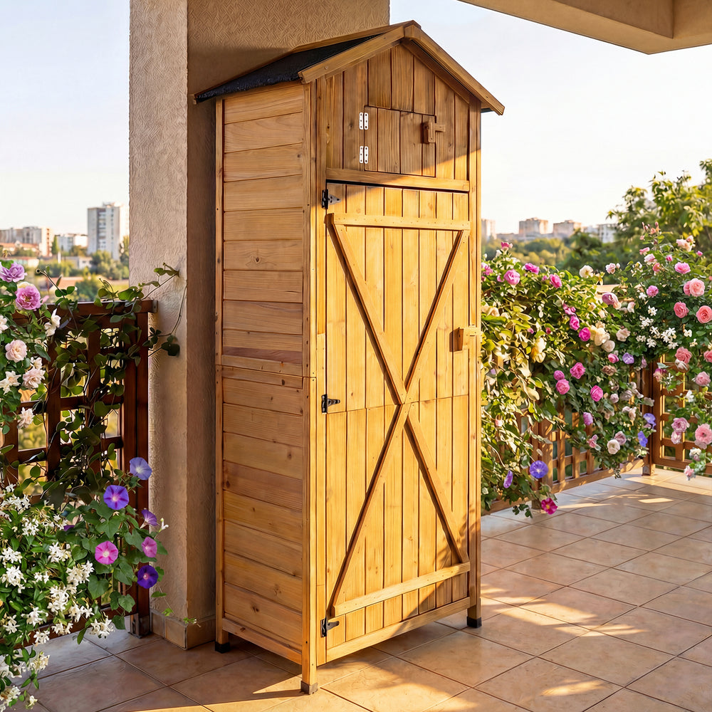 71 Inch Tall Garden Tool Storage Cabinet with Lockable Doors and Foldable Table-Natural - Gallery View 1 of 10