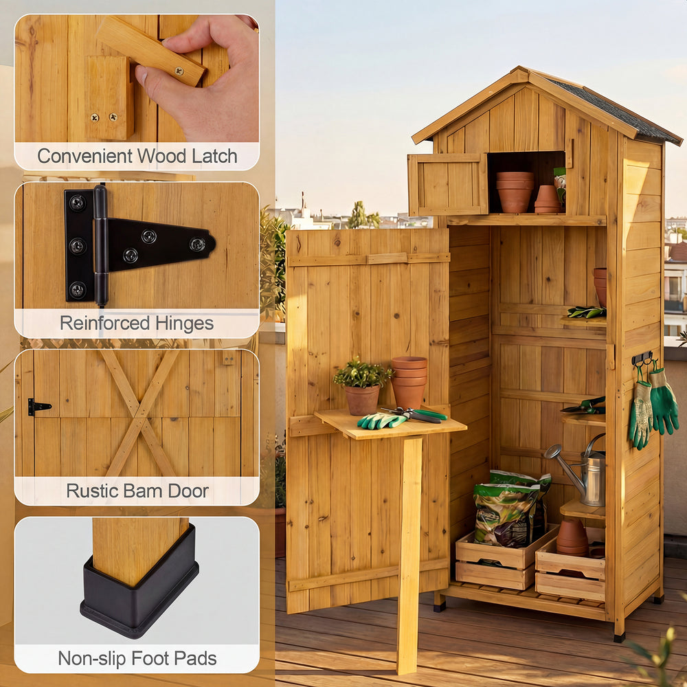 Garden tool storage cabinet with lockable doors, foldable table, and natural fir wood design for outdoor organization.
