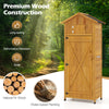 Garden tool storage cabinet with lockable doors, made of natural fir wood, featuring a foldable table for outdoor use.