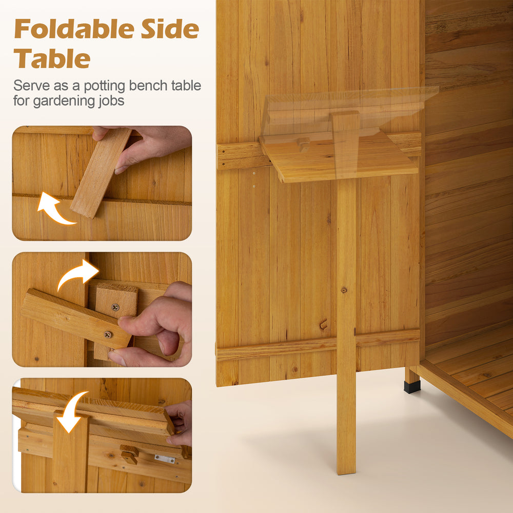 Foldable side table attached to a 71-inch tall garden tool storage cabinet, ideal for gardening tasks and outdoor use.