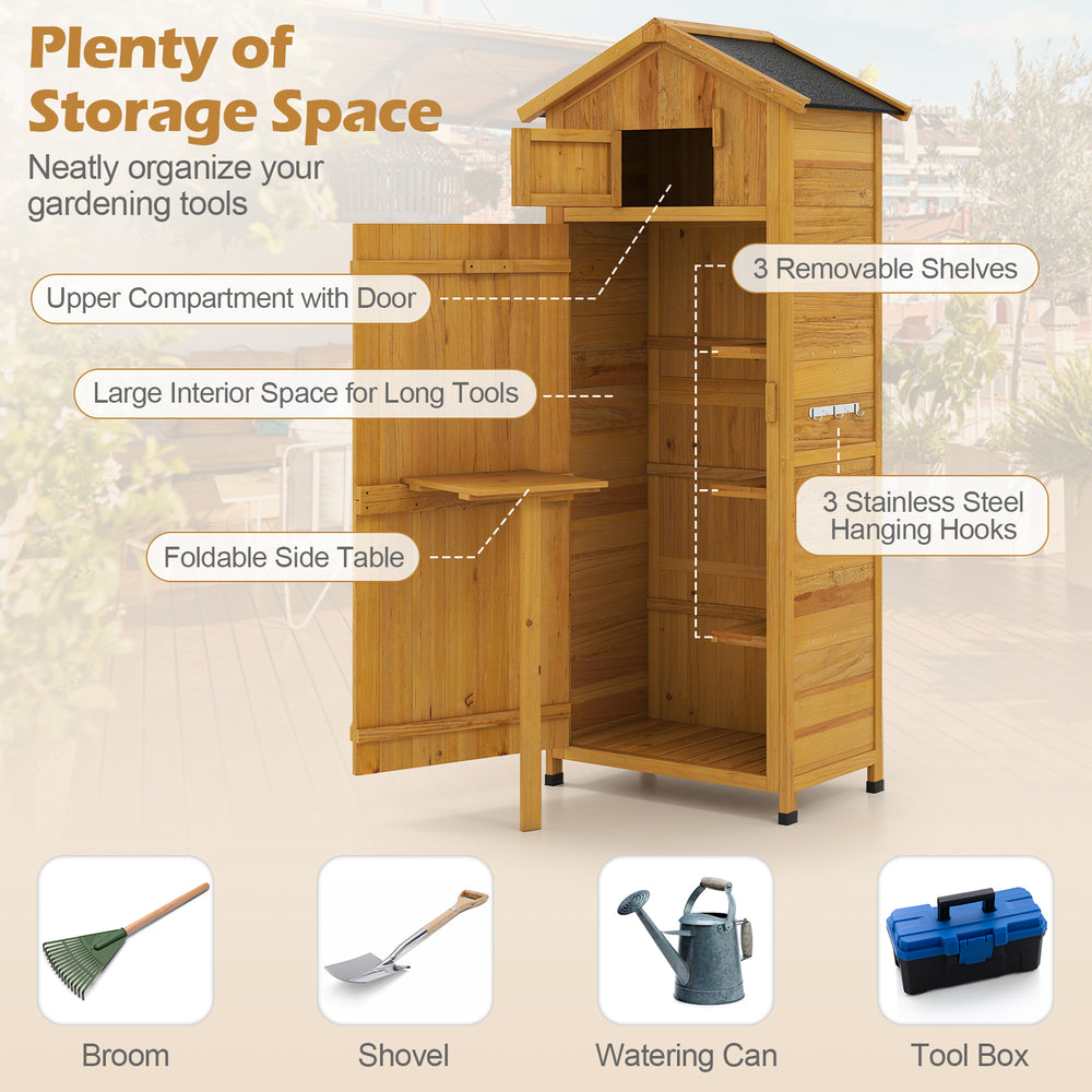 Tall garden tool storage cabinet with lockable doors, foldable table, and 3 removable shelves for organized outdoor use.